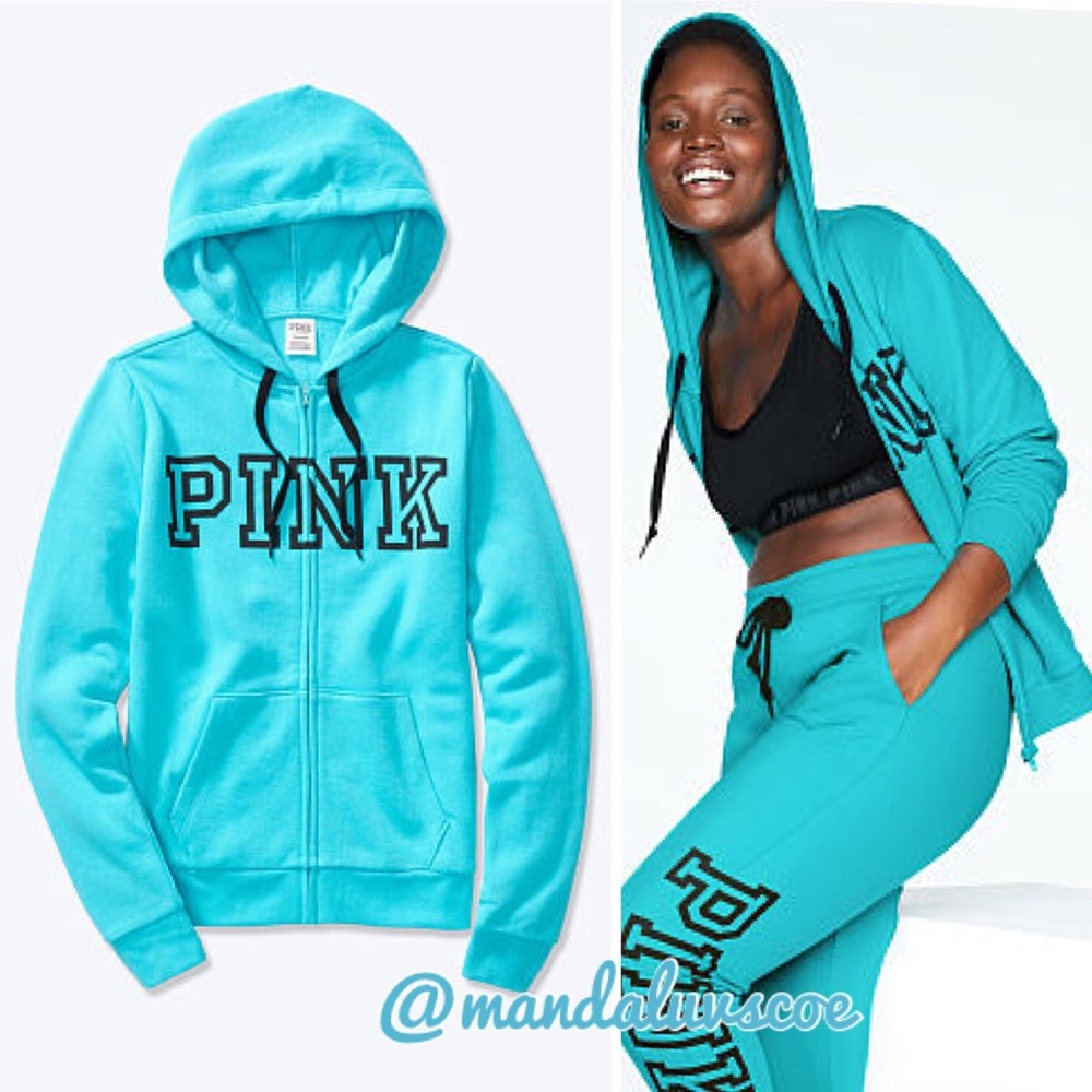 💕VS PINK TURQUOISE & BLACK LOGO FULL ZIP HOODIE - Picture 2 of 11